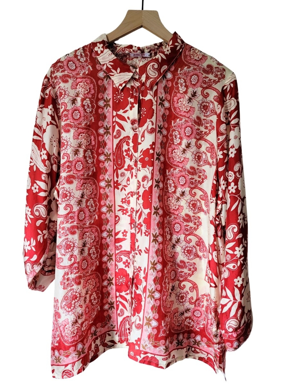 Johnny Was 100% Silk Button Up Blouse Red Cream Paisley Floral Scarf Print XL